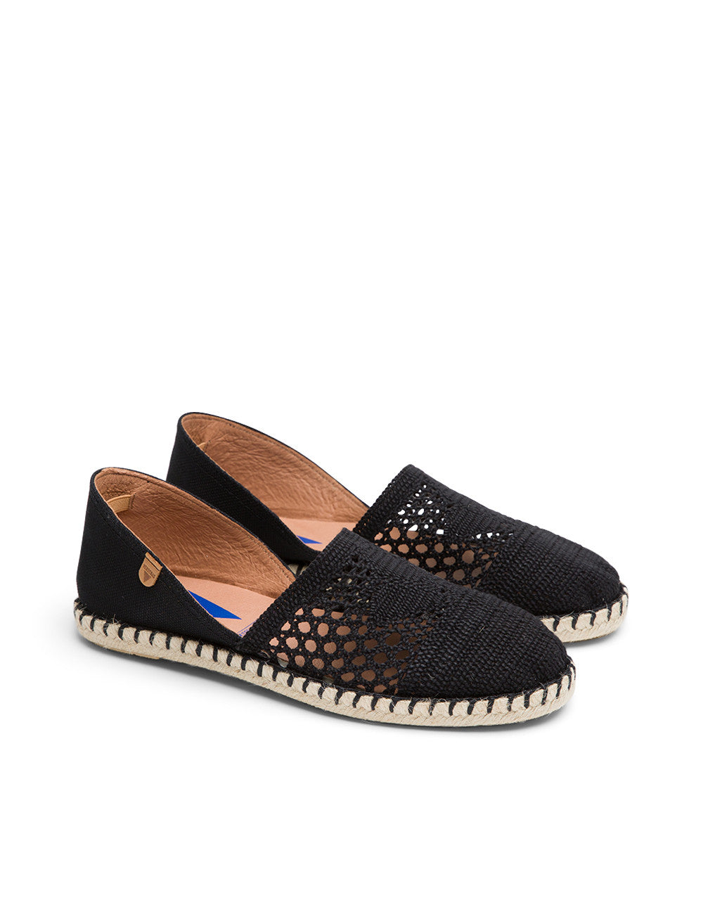 Alpargatas Planas Carmen Crochet-Lino/Serraje Negro/Negro